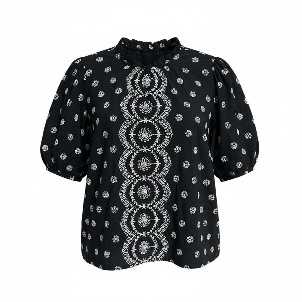 Loft Black and White Embroidered Eyelet Puff Sleeve High Neck Boho Top Size L